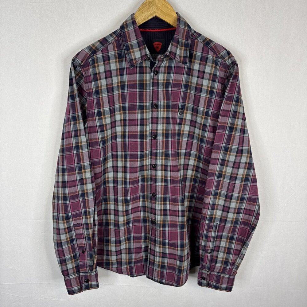 Strellson Plaid Button Up Shirt Mens M Cotton Long Sleeve‎ Purple Check
